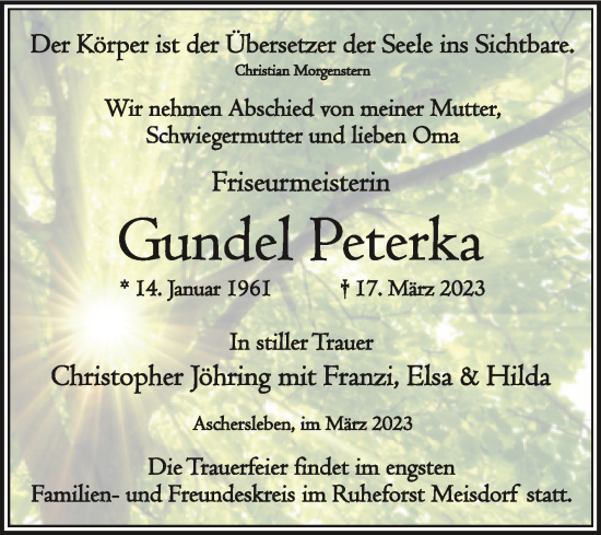 Traueranzeige von Gundel Peterka von Trauerkombi Aschersleben