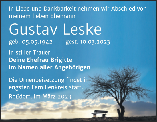 Traueranzeige von Gustav Leske von Trauerkombi Bitterfeld