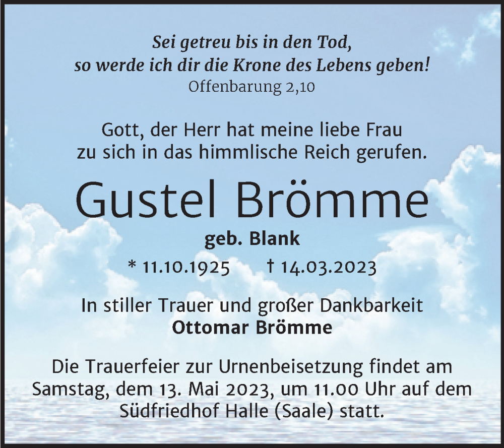  Traueranzeige für Gustel Brömme vom 25.03.2023 aus Mitteldeutsche Zeitung Halle/Saalkreis