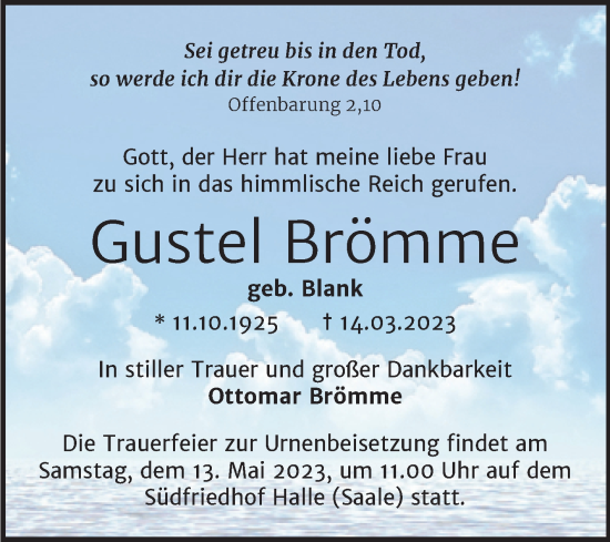 Traueranzeige von Gustel Brömme von Mitteldeutsche Zeitung Halle/Saalkreis