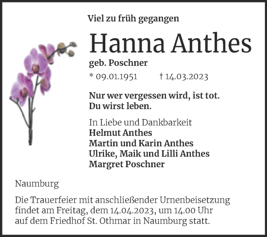 Traueranzeige von Hanna Anthes von Wochenspiegel Naumburg/Nebra
