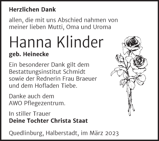 Traueranzeige von Hanna Klinder von Trauerkombi Quedlinburg