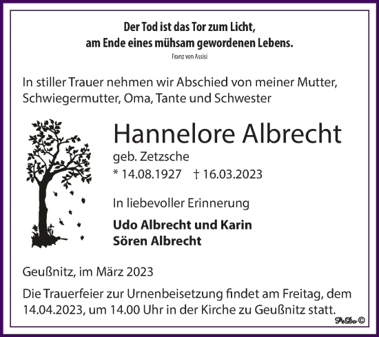Traueranzeige von Hannelore Albrecht von Trauerkombi Zeitz