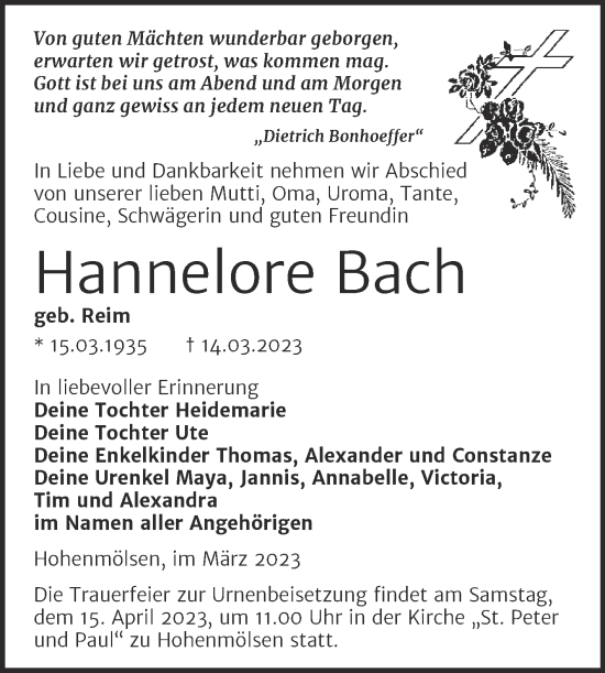 Traueranzeige von Hannelore Bach von Trauerkombi Weißenfels