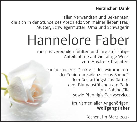 Traueranzeige von Hannelore Faber von Trauerkombi Köthen