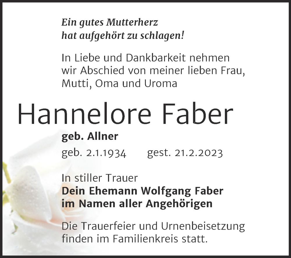 Traueranzeige für Hannelore Faber vom 03.03.2023 aus Trauerkombi Köthen