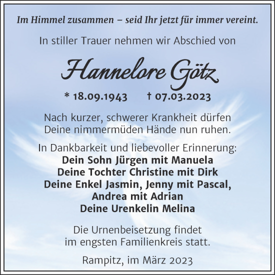 Traueranzeige von Hannelore Götz von Trauerkombi Merseburg