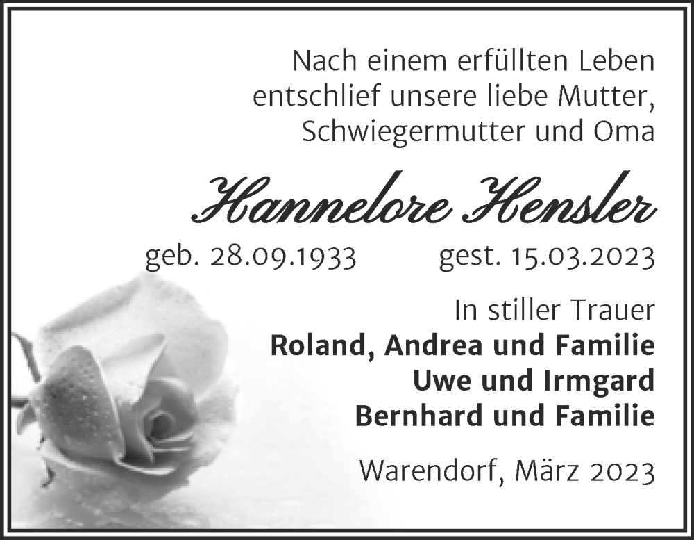  Traueranzeige für Hannelore Hensler vom 22.03.2023 aus Trauerkombi Dessau