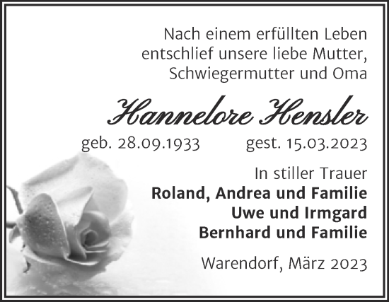 Traueranzeige von Hannelore Hensler von Trauerkombi Dessau