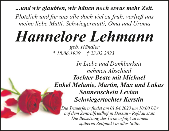 Traueranzeige von Hannelore Lehmann von Trauerkombi Dessau