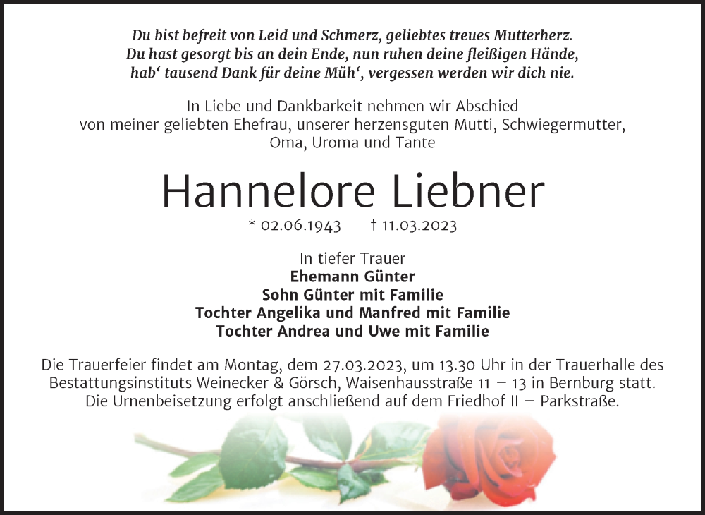  Traueranzeige für Hannelore Liebner vom 18.03.2023 aus Trauerkombi Bernburg