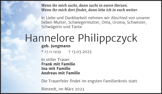 Traueranzeige von Hannelore Philippczyck von Trauerkombi Sangerhausen