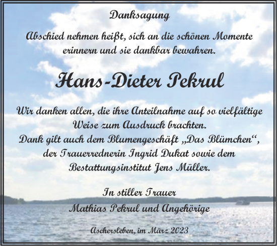 Traueranzeige von Hans-Dieter Pekrul von Trauerkombi Aschersleben