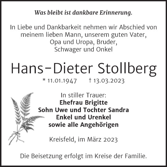 Traueranzeige von Hans-Dieter Stollberg von Trauerkombi Mansfelder Land