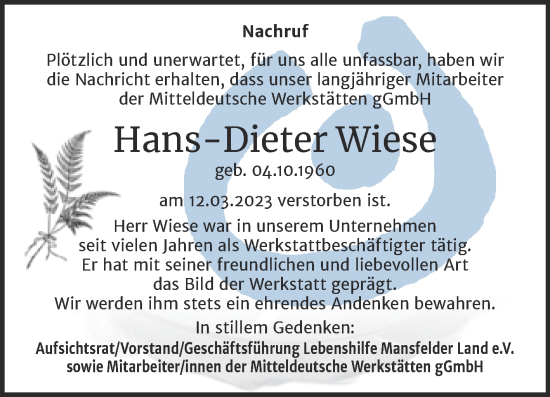 Traueranzeige von Hans-Dieter Wiese von Mitteldeutsche Zeitung Mansfelder Land