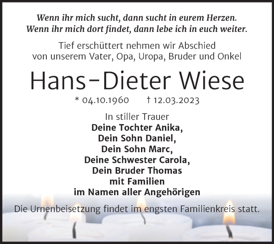 Traueranzeige von Hans-Dieter Wiese von Trauerkombi Mansfelder Land