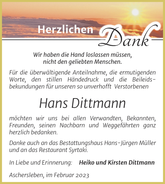 Traueranzeige von Hans Dittmann von Trauerkombi Aschersleben