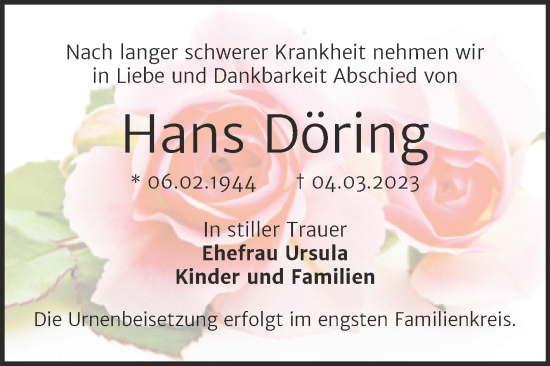 Traueranzeige von Hans Döring von Trauerkombi Bernburg