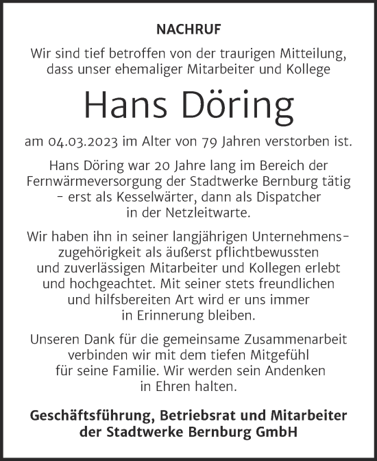 Traueranzeige von Hans Döring von Mitteldeutsche Zeitung Bernburg