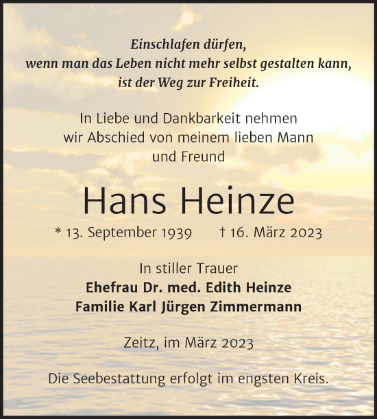 Traueranzeige von Hans Heinze von Trauerkombi Zeitz