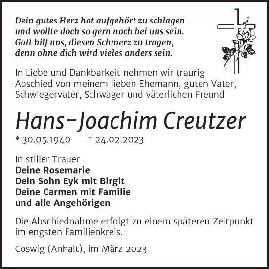 Traueranzeige von Hans-Joachim Creutzer von Trauerkombi Wittenberg