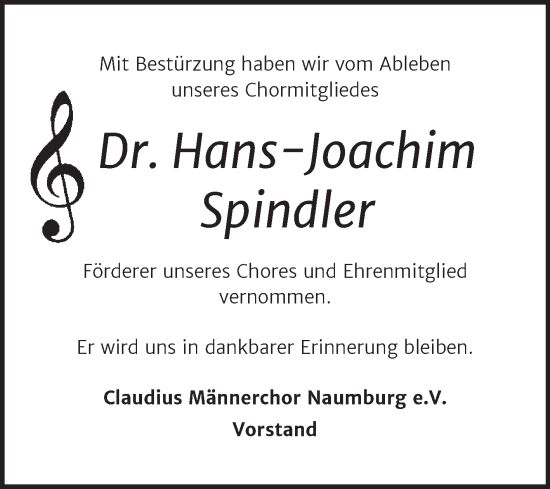 Traueranzeige von Hans-Joachim Spindler von Wochenspiegel Naumburg/Nebra