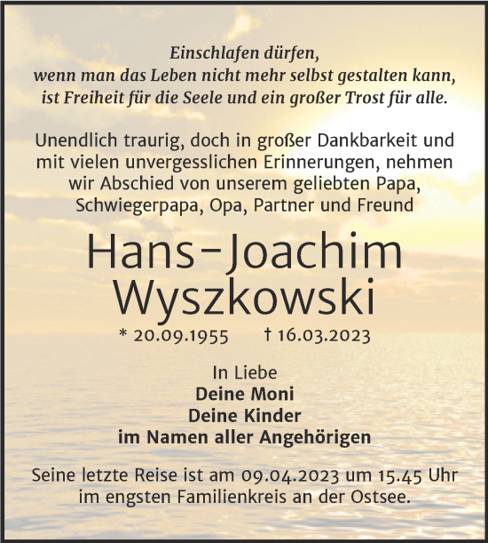 Traueranzeige von Hans-Joachim Wyszkowski von Trauerkombi Mansfelder Land