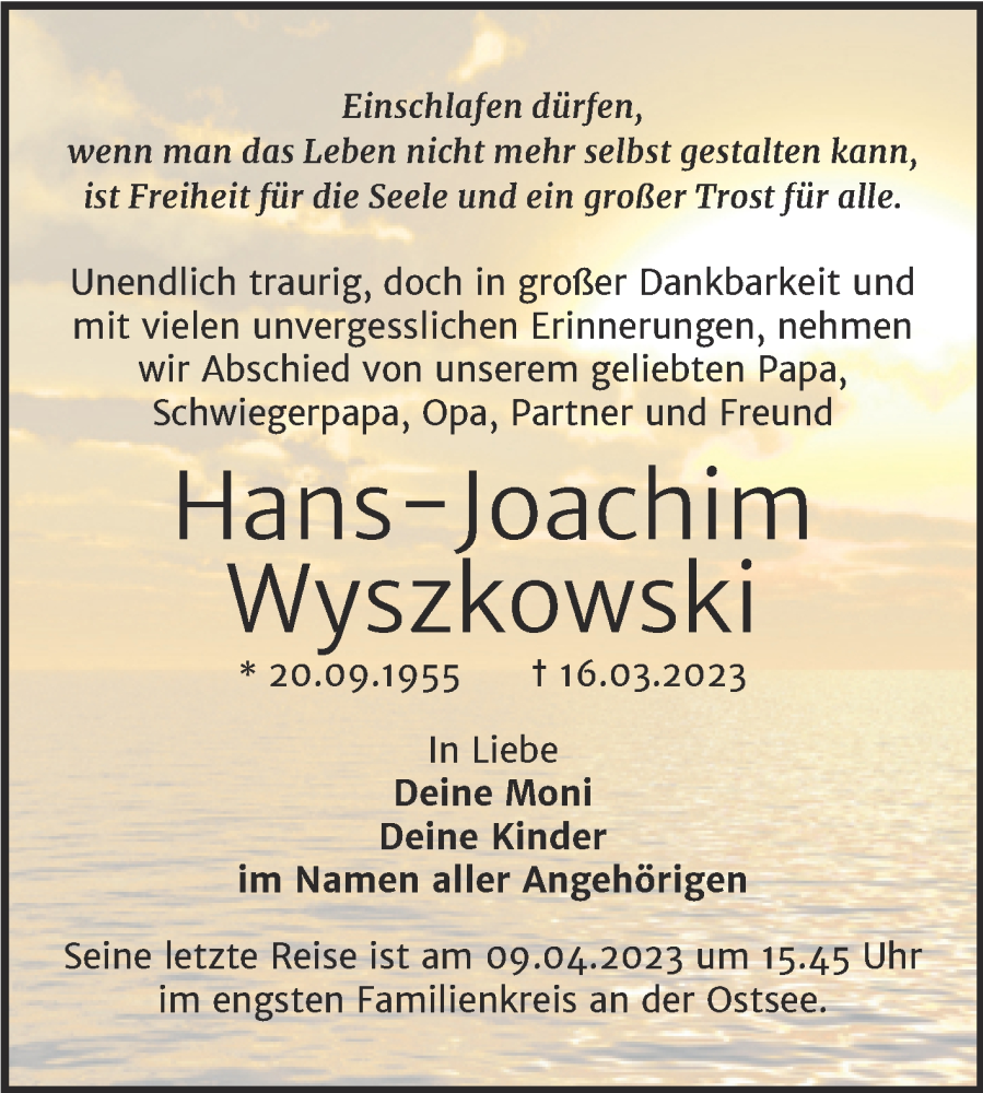  Traueranzeige für Hans-Joachim Wyszkowski vom 23.03.2023 aus Trauerkombi Mansfelder Land