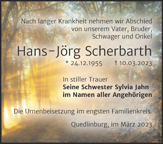 Traueranzeige von Hans-Jörg Scherbarth von Trauerkombi Quedlinburg