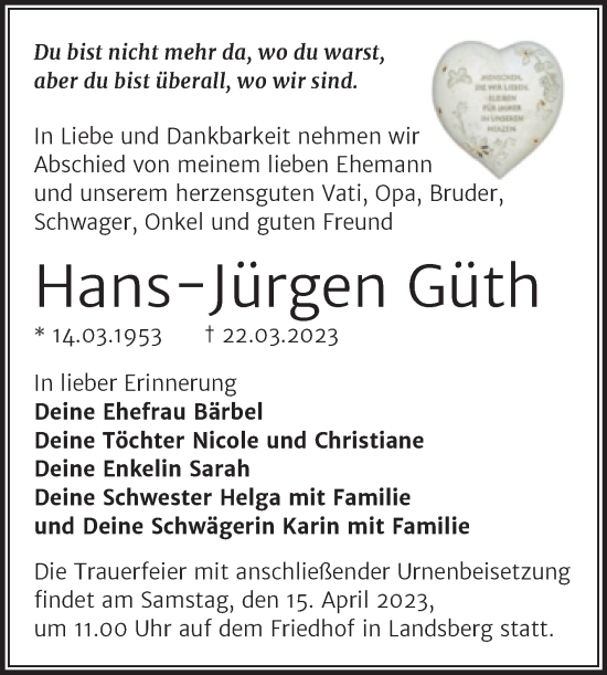 Traueranzeige von Hans-Jürgen Güth von Mitteldeutsche Zeitung Halle/Saalkreis