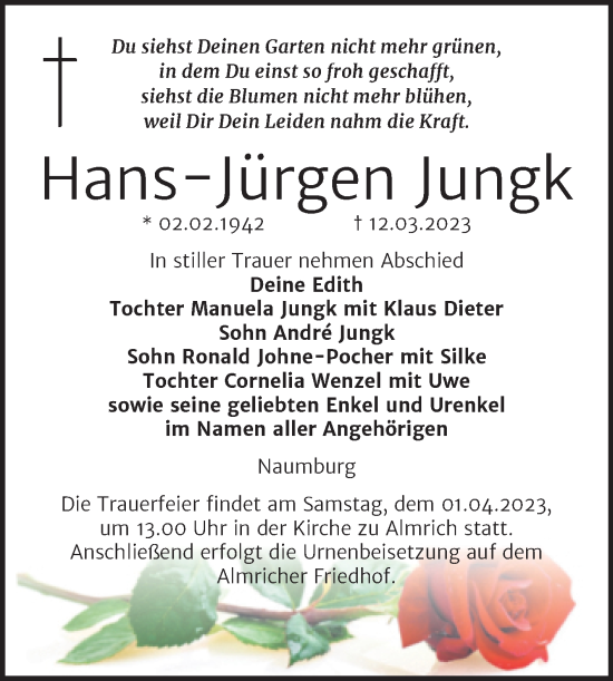 Traueranzeige von Hans-Jürgen Jungk von Wochenspiegel Naumburg/Nebra