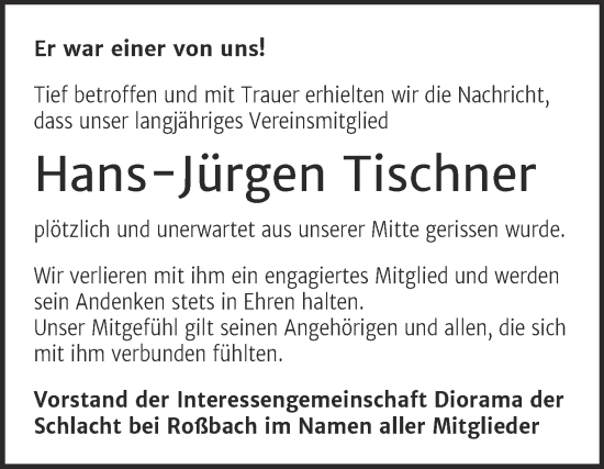 Traueranzeige von Hans-Jürgen Tischner von Trauerkombi Weißenfels