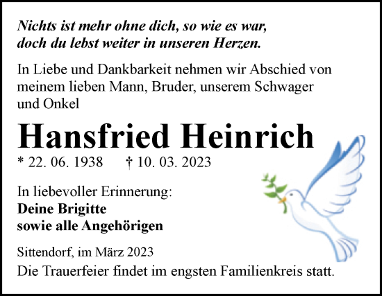 Traueranzeige von Hansfried Heinrich von Trauerkombi Sangerhausen