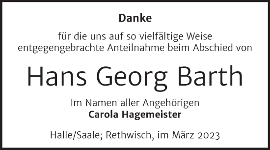 Traueranzeige von Hans Georg Barth von Mitteldeutsche Zeitung Halle/Saalkreis