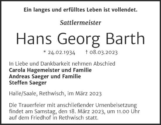 Traueranzeige von Hans Georg Barth von Mitteldeutsche Zeitung Halle/Saalkreis
