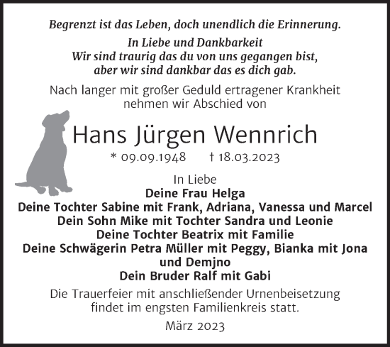 Traueranzeige von Hans Jürgen Wennrich von Trauerkombi Dessau