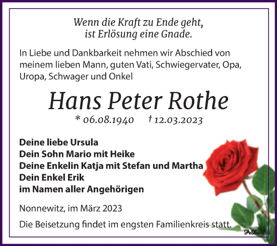 Traueranzeige von Hans Peter Rothe von Trauerkombi Zeitz