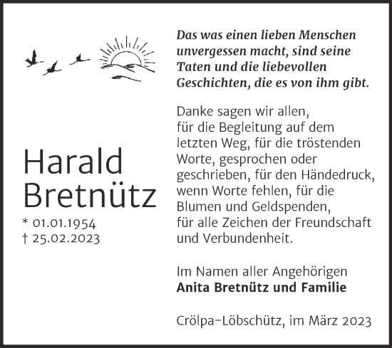 Traueranzeige von Harald Bretnütz von Wochenspiegel Naumburg/Nebra