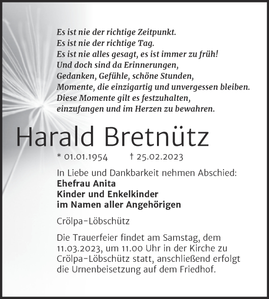 Traueranzeige von Harald Bretnütz von Wochenspiegel Naumburg/Nebra