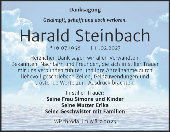 Traueranzeige von Harald Steinbach von Naumburger Tageblatt