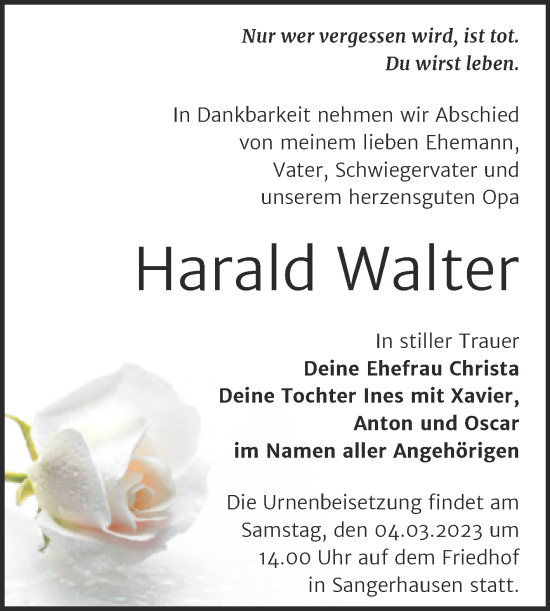 Traueranzeige von Harald Walter von Trauerkombi Sangerhausen
