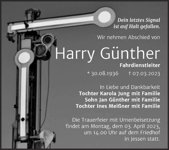 Traueranzeige von Harry Günther von Trauerkombi Wittenberg