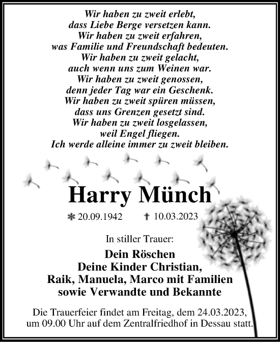 Traueranzeige von Harry Münch von Trauerkombi Dessau