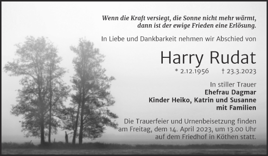 Traueranzeige von Harry Rudat von Trauerkombi Bernburg