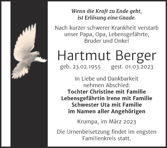 Traueranzeige von Hartmut Berger von Trauerkombi Merseburg