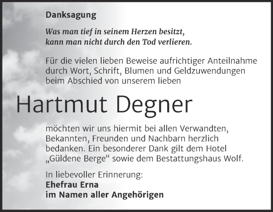 Traueranzeige von Hartmut Degner von Trauerkombi Weißenfels