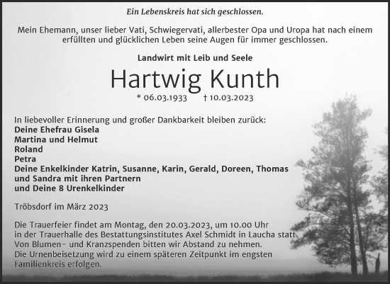 Traueranzeige von Hartwig Kunth von Naumburger Tageblatt