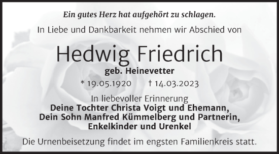 Traueranzeige von Hedwig Friedrich von Trauerkombi Dessau