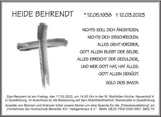 Traueranzeige von Heide Behrendt von Mitteldeutsche Zeitung Quedlingburg