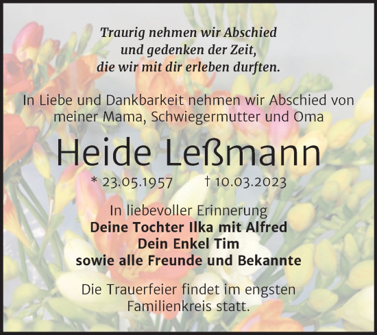 Traueranzeige von Heide Leßmann von Trauerkombi Dessau